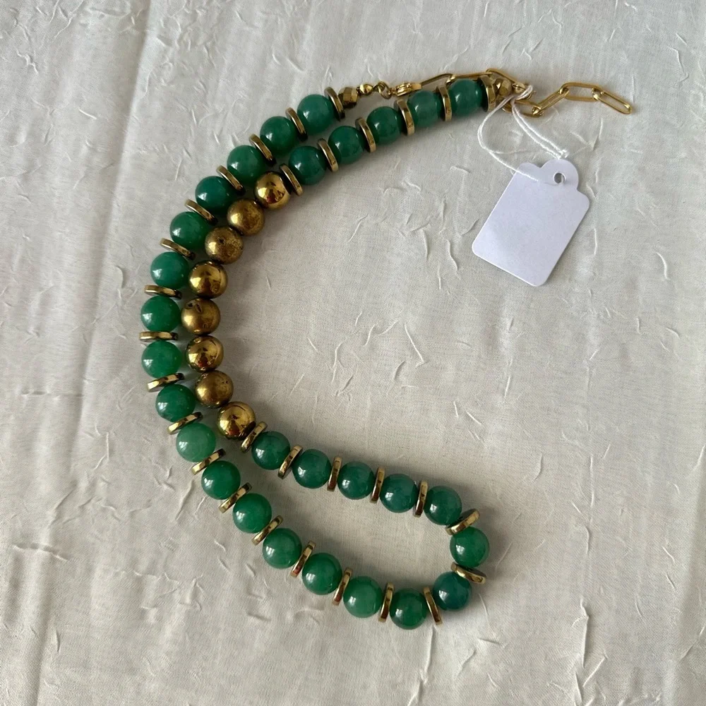 GREEN AVENTURINE GOLD HEMATITE STATEMENT NECKLACE 19” - Picture 8 of 9